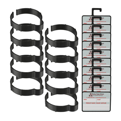 Vinyl Roll Storage Kit – 10 Black Retaining Clips & 10 Black Writable MediaCards | Quick-Release Holders for 3" Core, Up to 5" Rolls | Double-Sided Labeling for Size, Color & Supplier