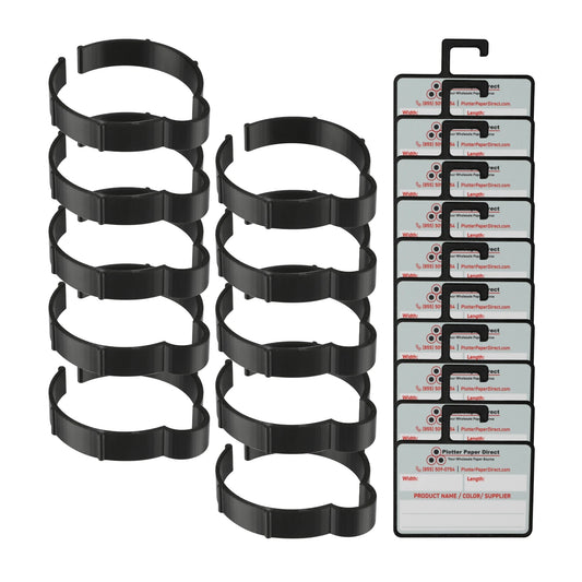 Vinyl Roll Storage Kit – 10 Black Retaining Clips & 10 Black Writable MediaCards | Quick-Release Holders for 3" Core, Up to 5" Rolls | Double-Sided Labeling for Size, Color & Supplier