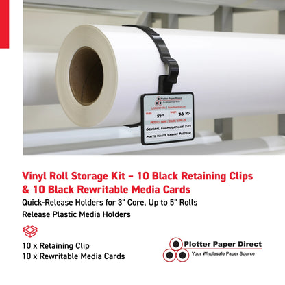 Vinyl Roll Storage Kit – 10 Black Retaining Clips & 10 Black Writable MediaCards | Quick-Release Holders for 3" Core, Up to 5" Rolls | Double-Sided Labeling for Size, Color & Supplier