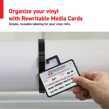 Vinyl Roll Storage Kit – 10 Black Retaining Clips & 10 Black Writable MediaCards | Quick-Release Holders for 3" Core, Up to 5" Rolls | Double-Sided Labeling for Size, Color & Supplier