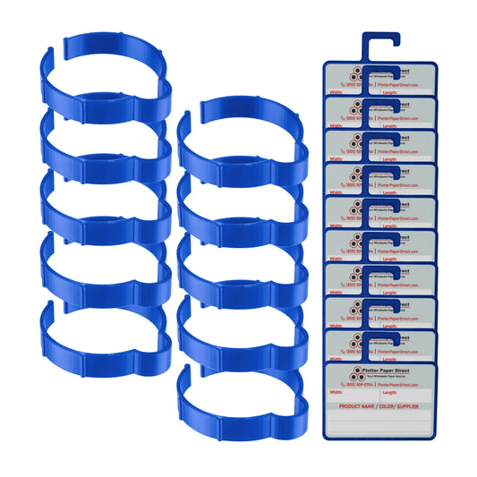 Vinyl Roll Storage Kit – 10 Blue Retaining Clips & 10 Blue Writable MediaCards | Quick-Release Holders for 3" Core, Up to 5" Rolls | Double-Sided Labeling for Size, Color & Supplier