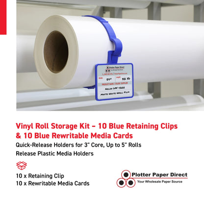 Vinyl Roll Storage Kit – 10 Blue Retaining Clips & 10 Blue Writable MediaCards | Quick-Release Holders for 3" Core, Up to 5" Rolls | Double-Sided Labeling for Size, Color & Supplier