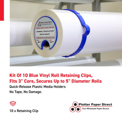 Kit Of 10 Blue Vinyl Roll Retaining Clips, Quick-Release Plastic Media Holders, No Tape, No Damage, Fits 3" Core, Secures Up to 5" Diameter Rolls