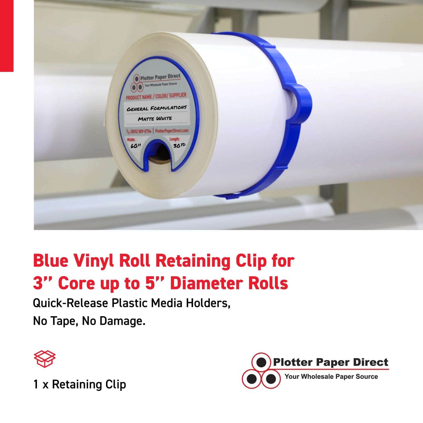 Blue Vinyl Roll Retaining Clips, Quick-Release Plastic Media Holders, No Tape, No Damage, Fits 3" Core, Secures Up to 5" Diameter Rolls