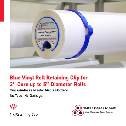 Blue Vinyl Roll Retaining Clips, Quick-Release Plastic Media Holders, No Tape, No Damage, Fits 3" Core, Secures Up to 5" Diameter Rolls