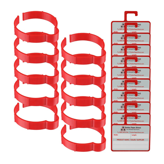 Vinyl Roll Storage Kit – 10 Red Retaining Clips & 10 Red Writable MediaCards | Quick-Release Holders for 3" Core, Up to 5" Rolls | Double-Sided Labeling for Size, Color & Supplier