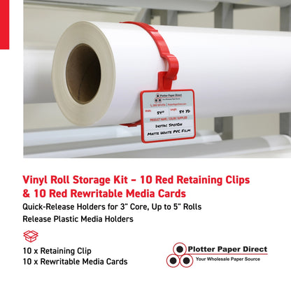 Vinyl Roll Storage Kit – 10 Red Retaining Clips & 10 Red Writable MediaCards | Quick-Release Holders for 3" Core, Up to 5" Rolls | Double-Sided Labeling for Size, Color & Supplier
