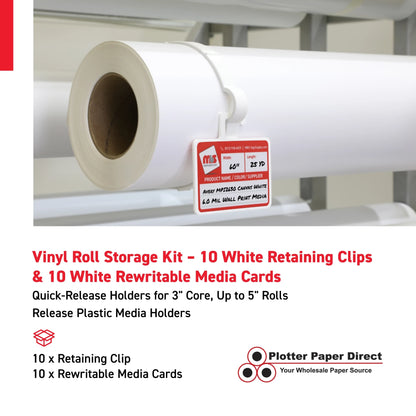 Vinyl Roll Storage Kit – 10 White Retaining Clips & 10 White Writable MediaCards | Quick-Release Holders for 3" Core, Up to 5" Rolls | Double-Sided Labeling for Size, Color & Supplier