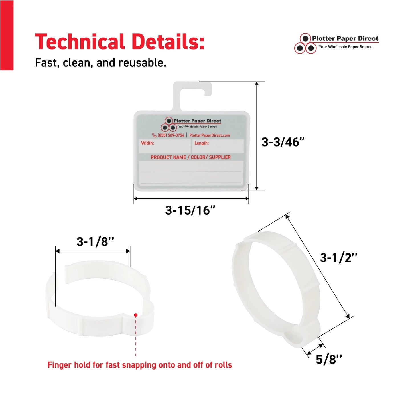 Vinyl Roll Storage Kit – 10 White Retaining Clips & 10 White Writable MediaCards | Quick-Release Holders for 3" Core, Up to 5" Rolls | Double-Sided Labeling for Size, Color & Supplier