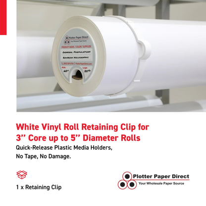 White Vinyl Roll Retaining Clips, Quick-Release Plastic Media Holders, No Tape, No Damage, Fits 3" Core, Secures Up to 5" Diameter Rolls