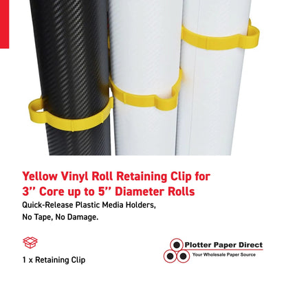 Yellow Vinyl Roll Retaining Clips, Quick-Release Plastic Media Holders, No Tape, No Damage, Fits 3" Core, Secures Up to 5" Diameter Rolls