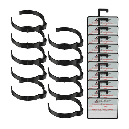 Vinyl Roll Storage Kit – 10 Black Retaining Clips & 10 Black Writable MediaCards | Quick-Release Holders for 4" Core, Up to 6" Rolls | Double-Sided Labeling for Size, Color & Supplier