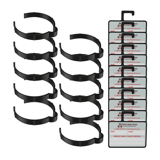Vinyl Roll Storage Kit – 10 Black Retaining Clips & 10 Black Writable MediaCards | Quick-Release Holders for 4" Core, Up to 6" Rolls | Double-Sided Labeling for Size, Color & Supplier