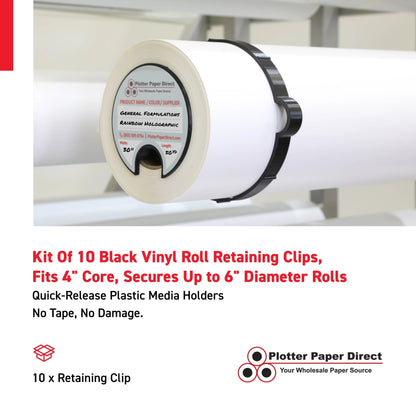 Black Vinyl Roll Retaining Clips, Quick-Release Plastic Media Holders, No Tape, No Damage, Fits 4" Core, Secures Up to 6" Diameter Rolls