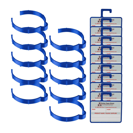 Vinyl Roll Storage Kit – 10 Blue Retaining Clips & 10 Blue Writable MediaCards | Quick-Release Holders for 4" Core, Up to 6" Rolls | Double-Sided Labeling for Size, Color & Supplier