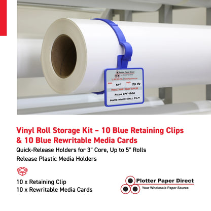 Vinyl Roll Storage Kit – 10 Blue Retaining Clips & 10 Blue Writable MediaCards | Quick-Release Holders for 4" Core, Up to 6" Rolls | Double-Sided Labeling for Size, Color & Supplier