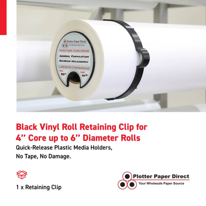 Black Vinyl Roll Retaining Clips, Quick-Release Plastic Media Holders, No Tape, No Damage, Fits 4" Core, Secures Up to 6" Diameter Rolls