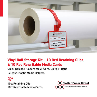 Vinyl Roll Storage Kit – 10 Red Retaining Clips & 10 Red Writable MediaCards | Quick-Release Holders for 4" Core, Up to 6" Rolls | Double-Sided Labeling for Size, Color & Supplier