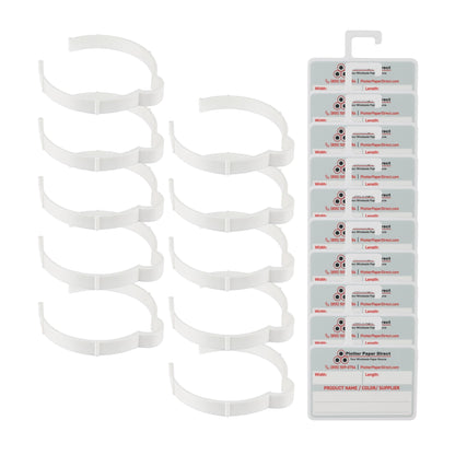 Vinyl Roll Storage Kit – 10 White Retaining Clips & 10 White Writable MediaCards | Quick-Release Holders for 4" Core, Up to 6" Rolls | Double-Sided Labeling for Size, Color & Supplier