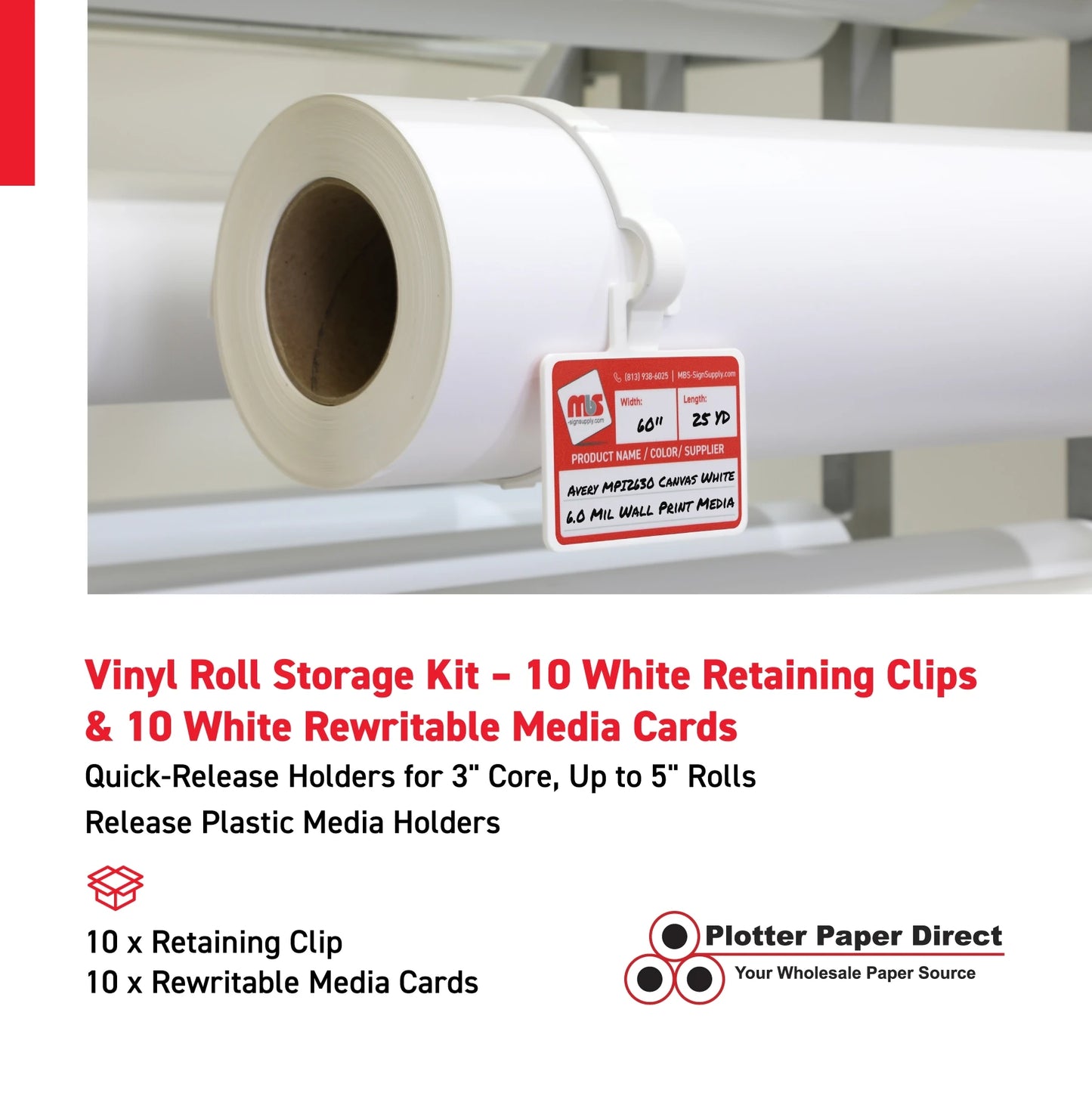Vinyl Roll Storage Kit – 10 White Retaining Clips & 10 White Writable MediaCards | Quick-Release Holders for 4" Core, Up to 6" Rolls | Double-Sided Labeling for Size, Color & Supplier
