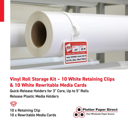 Vinyl Roll Storage Kit – 10 White Retaining Clips & 10 White Writable MediaCards | Quick-Release Holders for 4" Core, Up to 6" Rolls | Double-Sided Labeling for Size, Color & Supplier