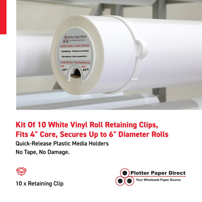 Kit Of 10 White Vinyl Roll Retaining Clips, Quick-Release Plastic Media Holders, No Tape, No Damage, Fits 4" Core, Secures Up to 6" Diameter Rolls