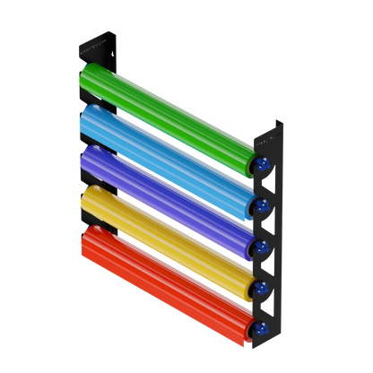 Black Aluminum Wall Mounted Vinyl Roll Storage Rack with Blue V-Bracket ABS Plastic Swivel Arm – Holds 5 Vinyl Rolls, Space-Saving Organizer for Studios & Print Shops