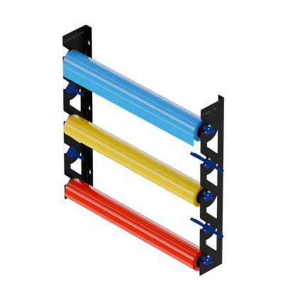 Black Aluminum Wall Mounted Vinyl Roll Storage Rack with Blue V-Bracket ABS Plastic Swivel Arm – Holds 5 Vinyl Rolls, Space-Saving Organizer for Studios & Print Shops