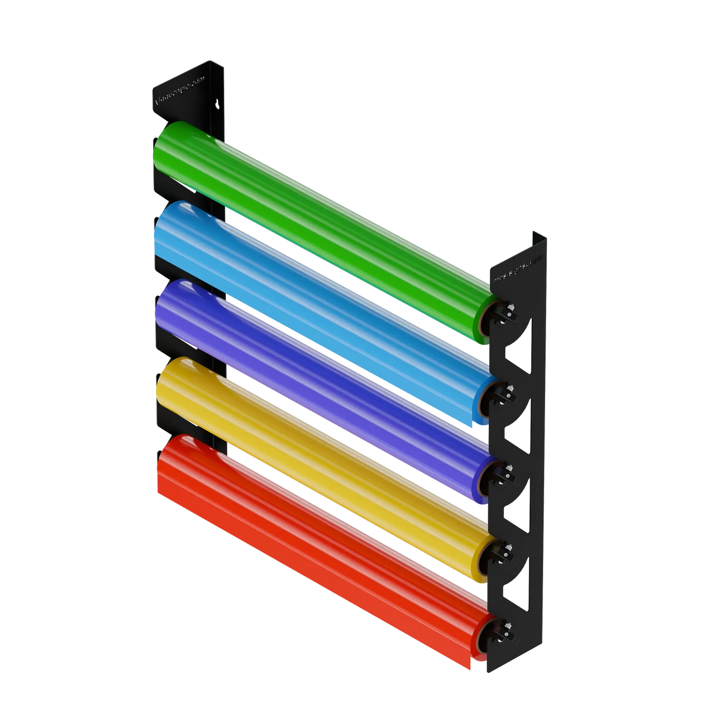 Black Aluminum Wall Mounted Vinyl Roll Storage Rack with Black V-Bracket ABS Plastic Swivel Arm – Holds 5 Vinyl Rolls, Space-Saving Organizer for Studios & Print Shops