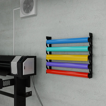 Black Aluminum Wall Mounted Vinyl Roll Storage Rack with Black V-Bracket ABS Plastic Swivel Arm – Holds 5 Vinyl Rolls, Space-Saving Organizer for Studios & Print Shops