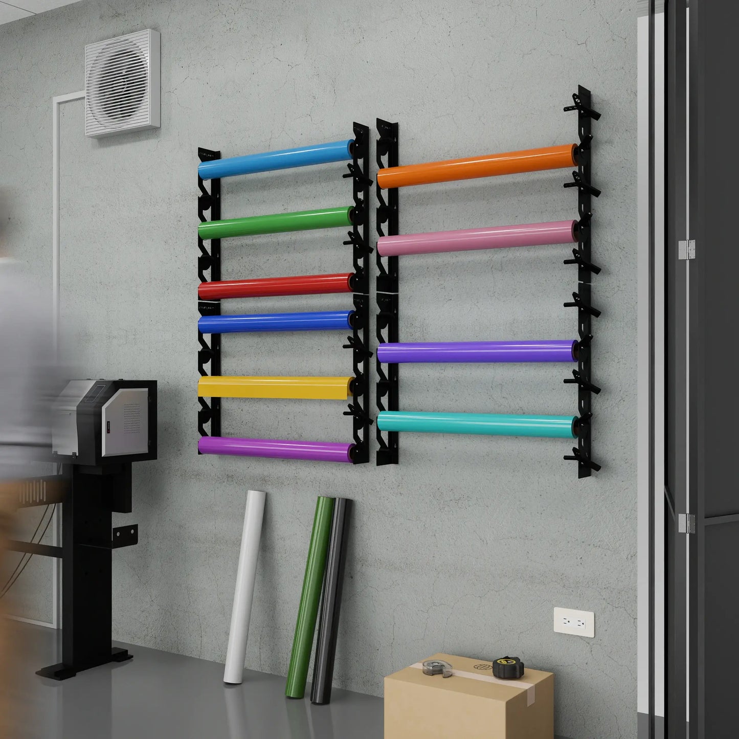Black Aluminum Wall Mounted Vinyl Roll Storage Rack with Black V-Bracket ABS Plastic Swivel Arm – Holds 5 Vinyl Rolls, Space-Saving Organizer for Studios & Print Shops