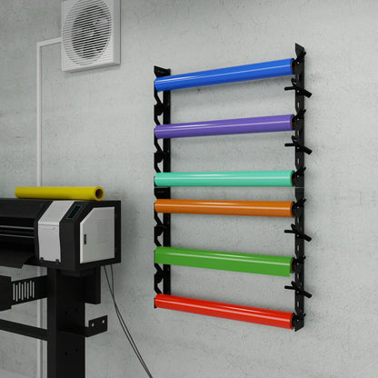 Black Aluminum Wall Mounted Vinyl Roll Storage Rack with Black V-Bracket ABS Plastic Swivel Arm – Holds 5 Vinyl Rolls, Space-Saving Organizer for Studios & Print Shops
