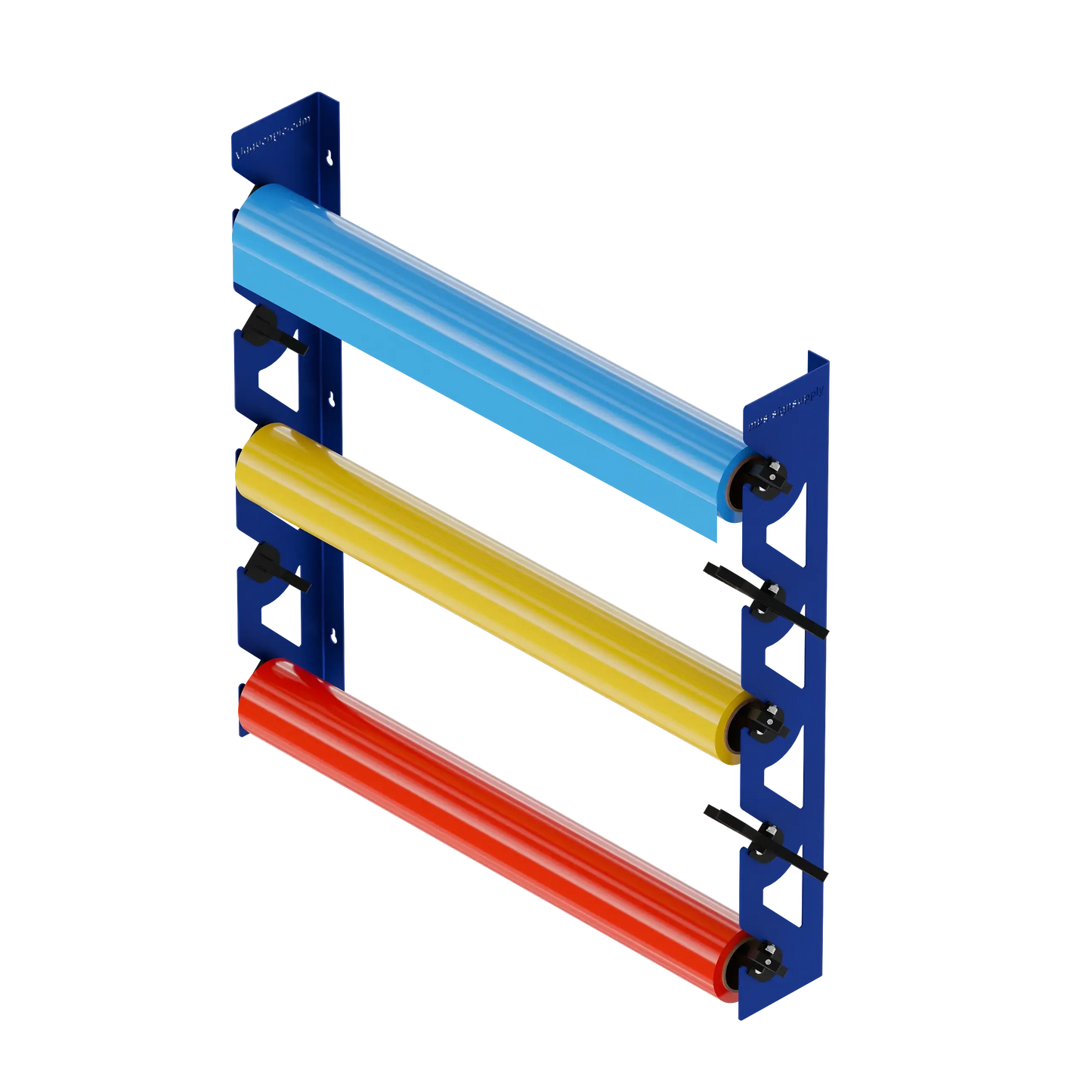 2-Pack Wall Mounted Vinyl Roll Storage Racks – Blue Aluminum with Black ABS Swivel Arms, Holds 10 Rolls Total, Space-Saving Organizer for Print Shops, Studios & Craft Rooms