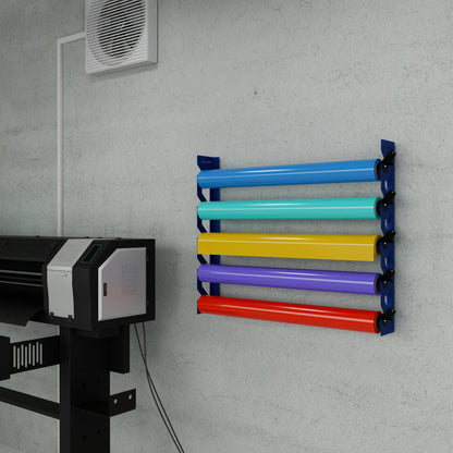 2-Pack Wall Mounted Vinyl Roll Storage Racks – Blue Aluminum with Black ABS Swivel Arms, Holds 10 Rolls Total, Space-Saving Organizer for Print Shops, Studios & Craft Rooms