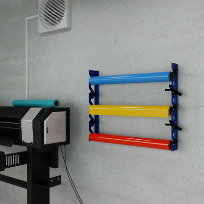2-Pack Wall Mounted Vinyl Roll Storage Racks – Blue Aluminum with Black ABS Swivel Arms, Holds 10 Rolls Total, Space-Saving Organizer for Print Shops, Studios & Craft Rooms