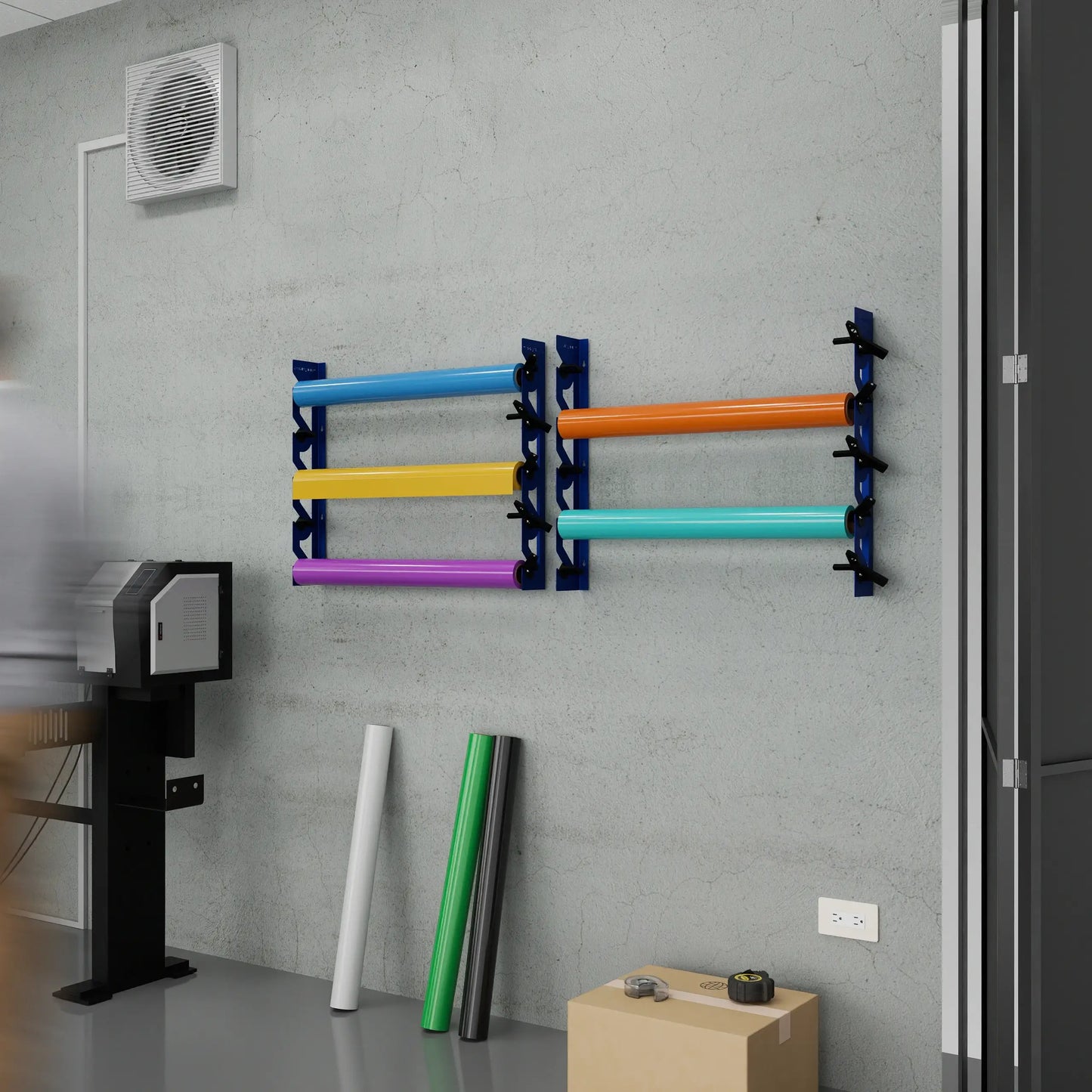 2-Pack Wall Mounted Vinyl Roll Storage Racks – Blue Aluminum with Black ABS Swivel Arms, Holds 10 Rolls Total, Space-Saving Organizer for Print Shops, Studios & Craft Rooms