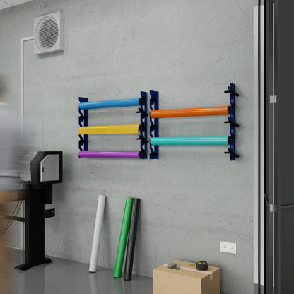 2-Pack Wall Mounted Vinyl Roll Storage Racks – Blue Aluminum with Black ABS Swivel Arms, Holds 10 Rolls Total, Space-Saving Organizer for Print Shops, Studios & Craft Rooms