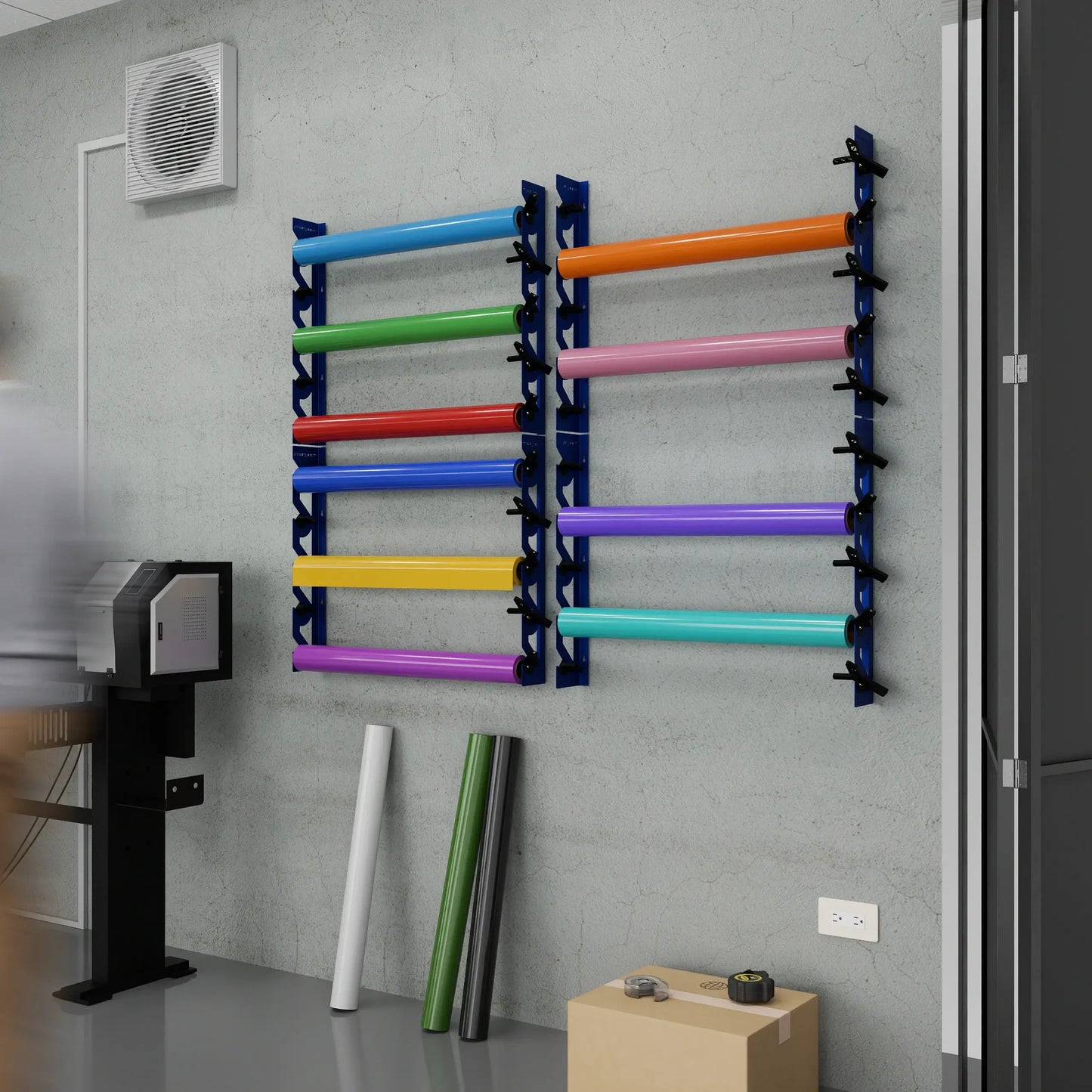 2-Pack Wall Mounted Vinyl Roll Storage Racks – Blue Aluminum with Black ABS Swivel Arms, Holds 10 Rolls Total, Space-Saving Organizer for Print Shops, Studios & Craft Rooms