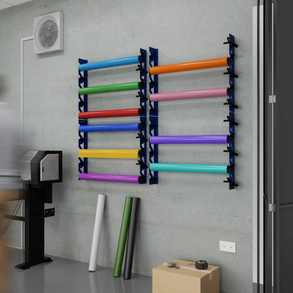 2-Pack Wall Mounted Vinyl Roll Storage Racks – Blue Aluminum with Black ABS Swivel Arms, Holds 10 Rolls Total, Space-Saving Organizer for Print Shops, Studios & Craft Rooms