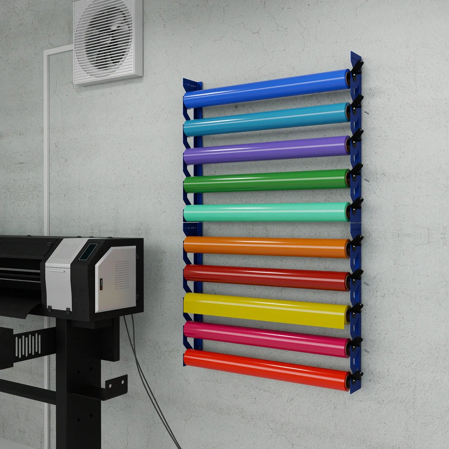 2-Pack Wall Mounted Vinyl Roll Storage Racks – Blue Aluminum with Black ABS Swivel Arms, Holds 10 Rolls Total, Space-Saving Organizer for Print Shops, Studios & Craft Rooms