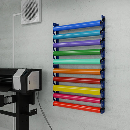 2-Pack Wall Mounted Vinyl Roll Storage Racks – Blue Aluminum with Black ABS Swivel Arms, Holds 10 Rolls Total, Space-Saving Organizer for Print Shops, Studios & Craft Rooms