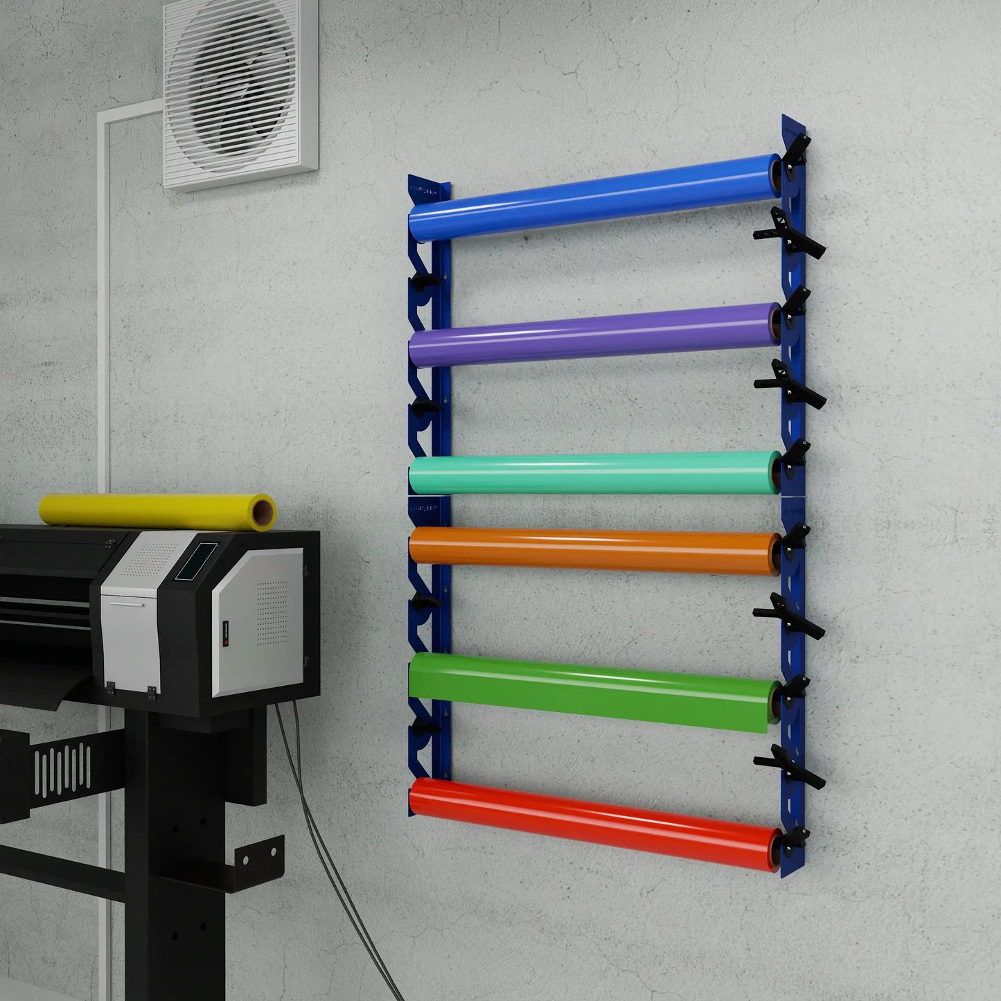 2-Pack Wall Mounted Vinyl Roll Storage Racks – Blue Aluminum with Black ABS Swivel Arms, Holds 10 Rolls Total, Space-Saving Organizer for Print Shops, Studios & Craft Rooms