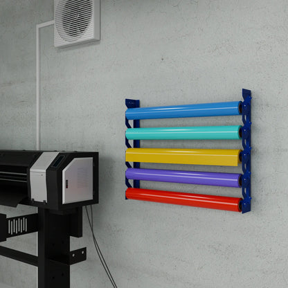 2-Pack Wall Mounted Vinyl Roll Storage Racks – Blue Aluminum with Blue ABS Swivel Arms, Holds 10 Rolls Total, Space-Saving Organizer for Print Shops, Studios & Craft Rooms