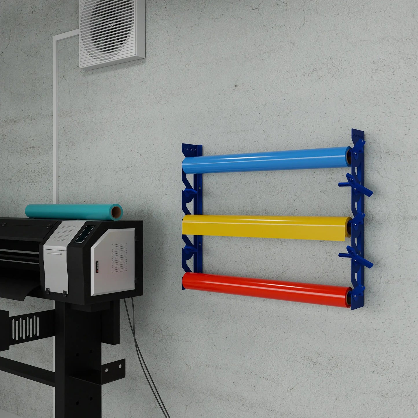 2-Pack Wall Mounted Vinyl Roll Storage Racks – Blue Aluminum with Blue ABS Swivel Arms, Holds 10 Rolls Total, Space-Saving Organizer for Print Shops, Studios & Craft Rooms