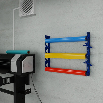 2-Pack Wall Mounted Vinyl Roll Storage Racks – Blue Aluminum with Blue ABS Swivel Arms, Holds 10 Rolls Total, Space-Saving Organizer for Print Shops, Studios & Craft Rooms