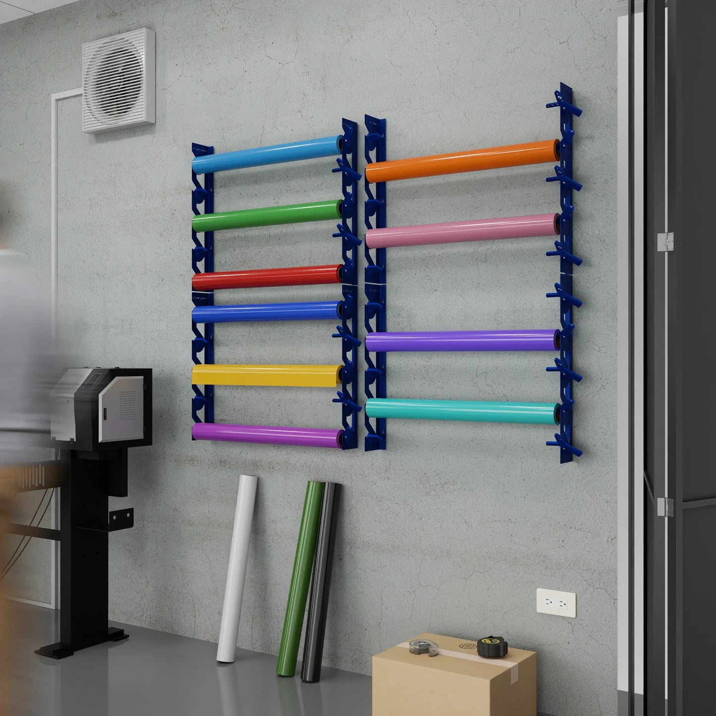 2-Pack Wall Mounted Vinyl Roll Storage Racks – Blue Aluminum with Blue ABS Swivel Arms, Holds 10 Rolls Total, Space-Saving Organizer for Print Shops, Studios & Craft Rooms