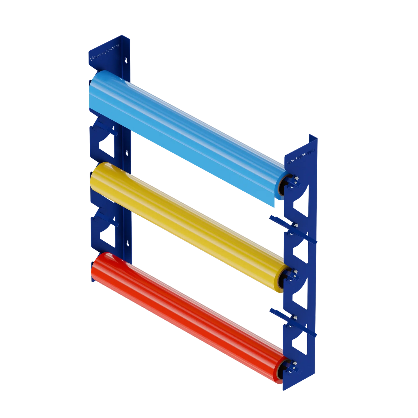 Blue Aluminum Wall Mounted Vinyl Roll Storage Rack with Blue V-Bracket ABS Plastic Swivel Arm – Holds 5 Vinyl Rolls, Space-Saving Organizer for Studios & Print Shops