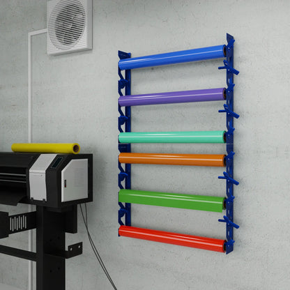 Blue Aluminum Wall Mounted Vinyl Roll Storage Rack with Blue V-Bracket ABS Plastic Swivel Arm – Holds 5 Vinyl Rolls, Space-Saving Organizer for Studios & Print Shops