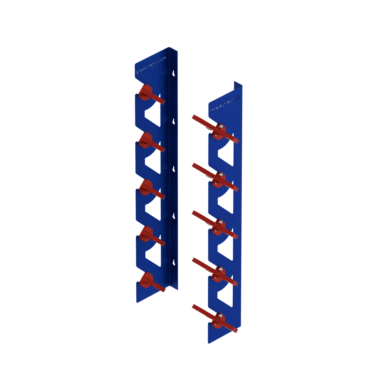 2-Pack Wall Mounted Vinyl Roll Storage Racks – Blue Aluminum with Red ABS Swivel Arms, Holds 10 Rolls Total, Space-Saving Organizer for Print Shops, Studios & Craft Rooms