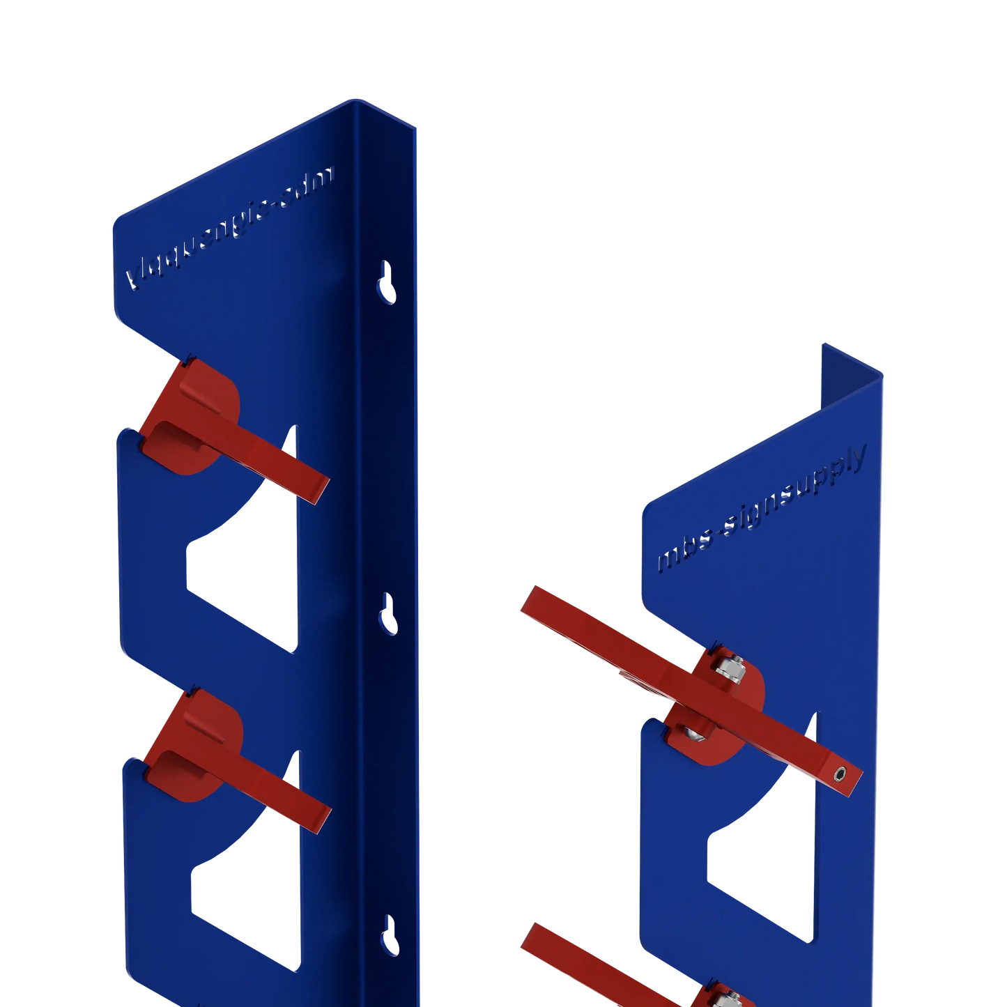 2-Pack Wall Mounted Vinyl Roll Storage Racks – Blue Aluminum with Red ABS Swivel Arms, Holds 10 Rolls Total, Space-Saving Organizer for Print Shops, Studios & Craft Rooms